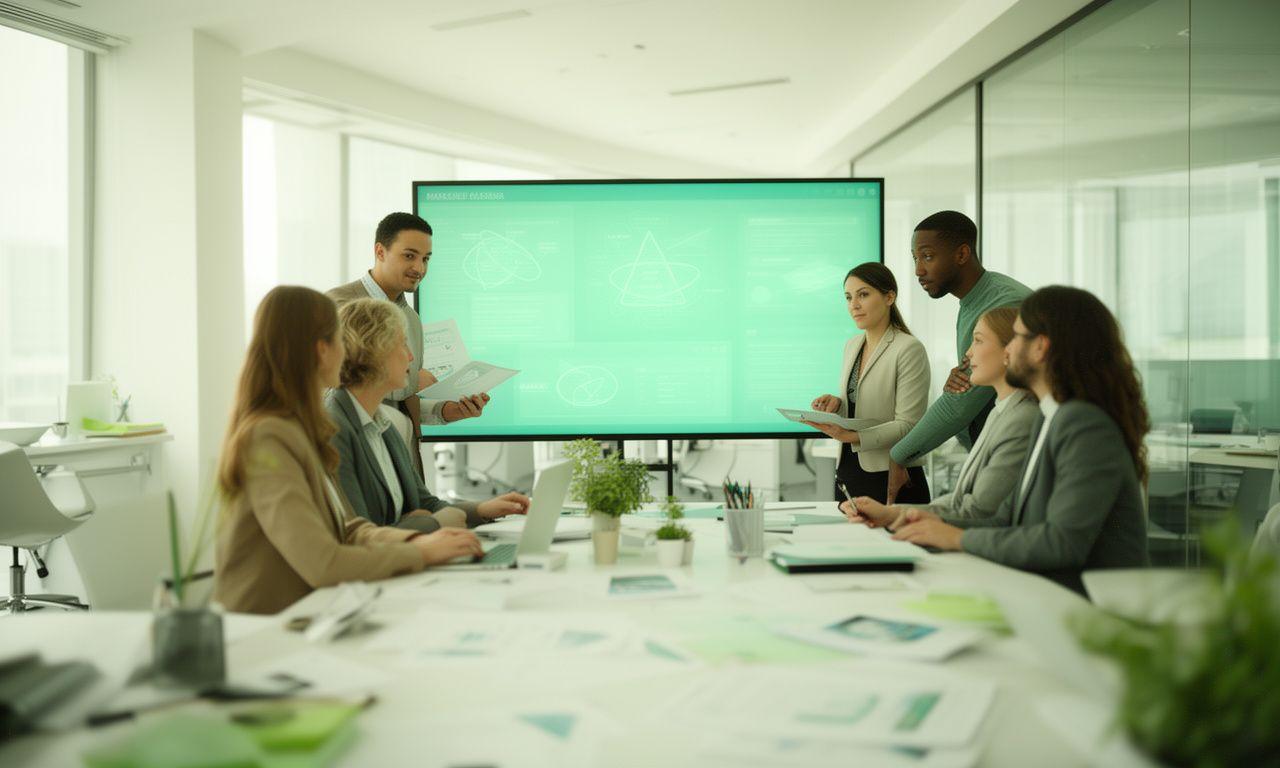 Équipe juridique et produit analysant une plateforme bancaire sur un grand écran dans un bureau lumineux