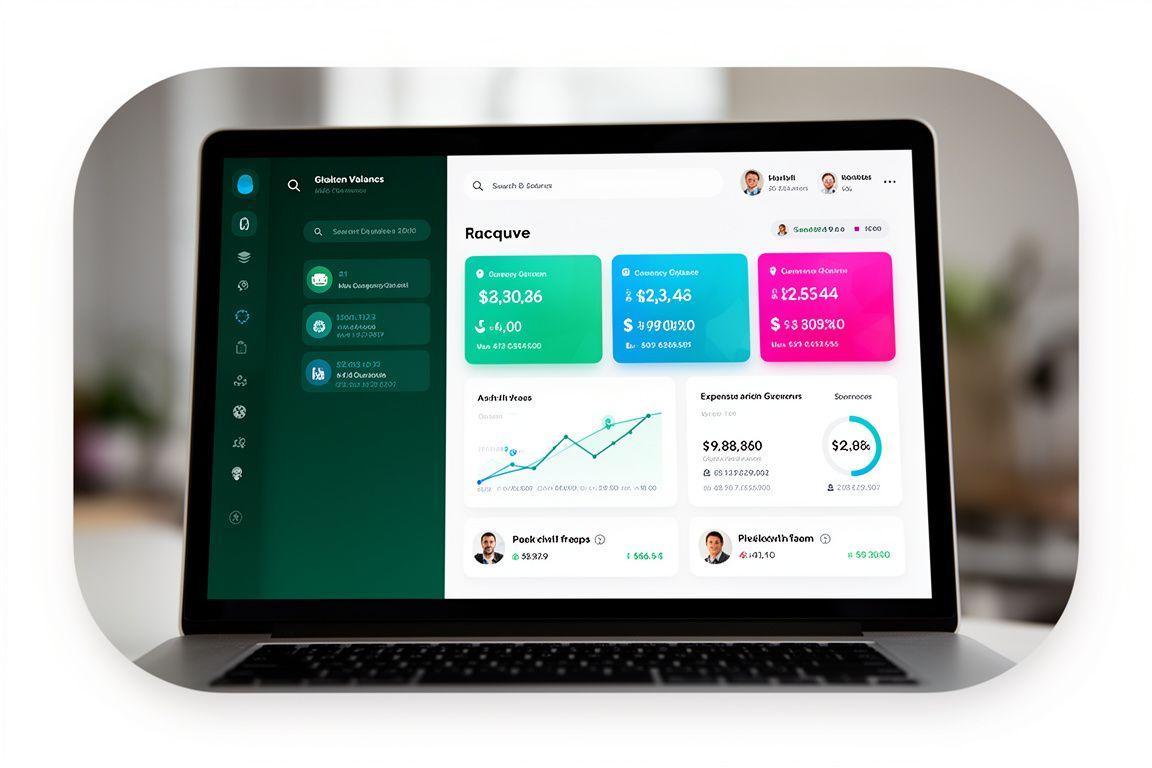 Écran d’application financière affichant soldes multi-devises, cartes d’équipe et tableau des dépenses dans un bureau moderne