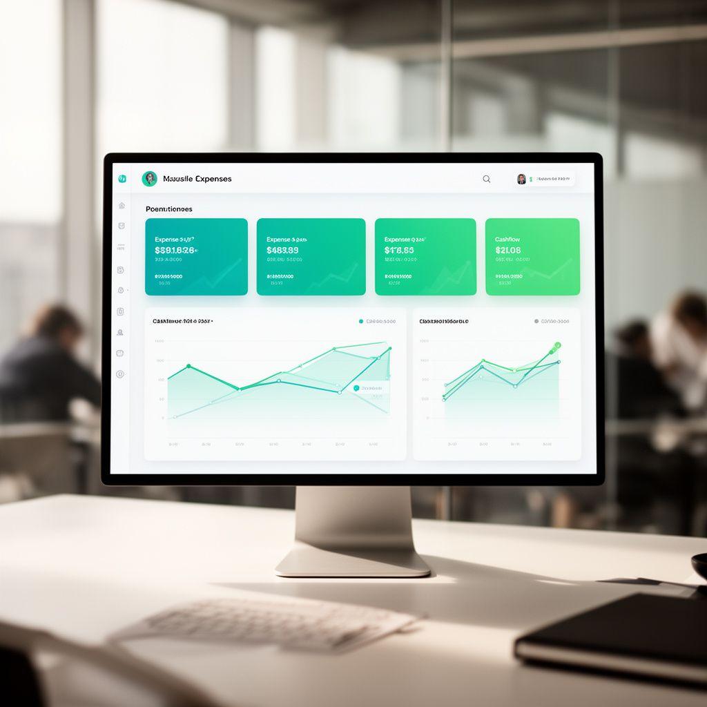 Tableau de bord financier moderne affiché sur un écran dans un bureau lumineux avec cartes de dépenses et graphiques de trésorerie
