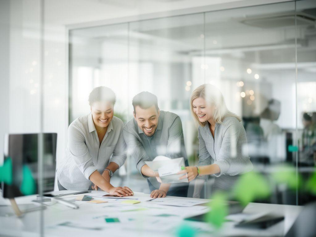 Support and sales team in a bright glass-walled office reviewing business finance requests