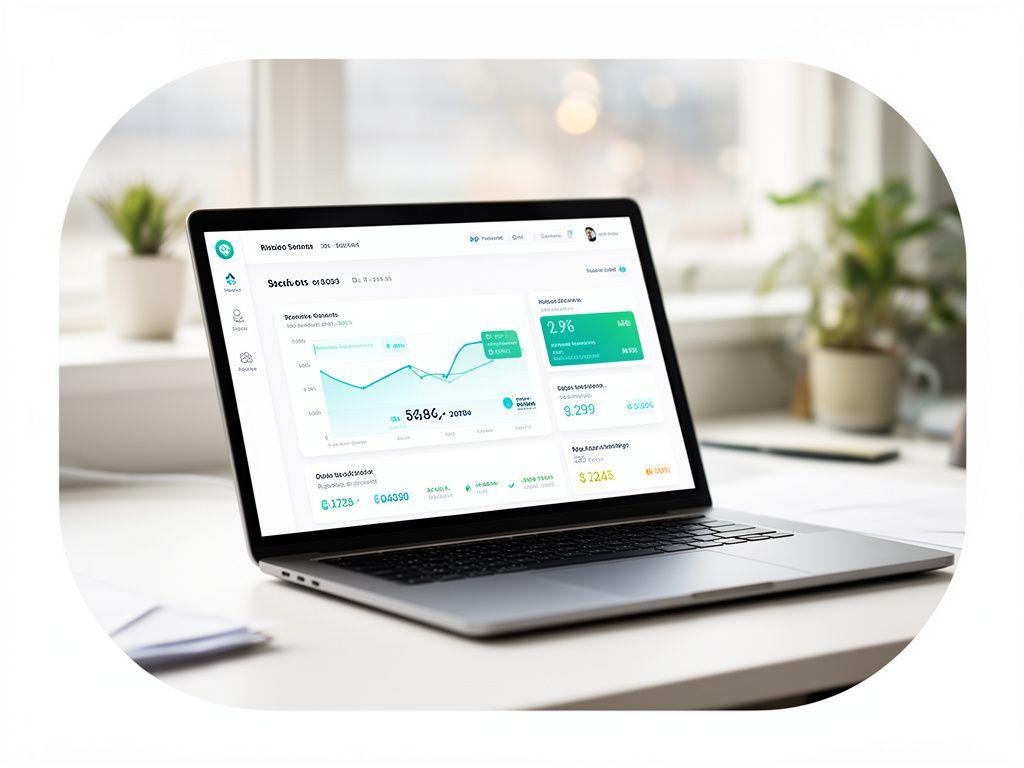 Vue de tableau de bord financier sur ordinateur portable dans un bureau lumineux avec cartes, soldes et flux de trésorerie