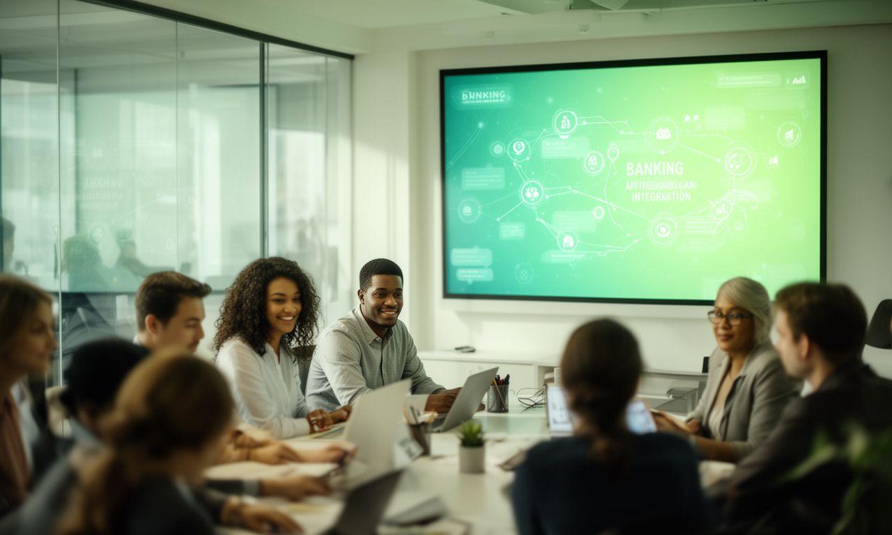 Équipe finance dans un espace vitré analysant des connecteurs API et des tableaux de flux bancaires sur un grand écran