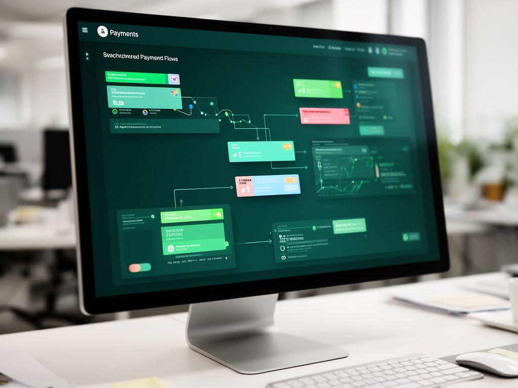 Tableau de bord financier avec flux synchronisés, statuts de paiement et modules connectés en environnement de bureau lumineux