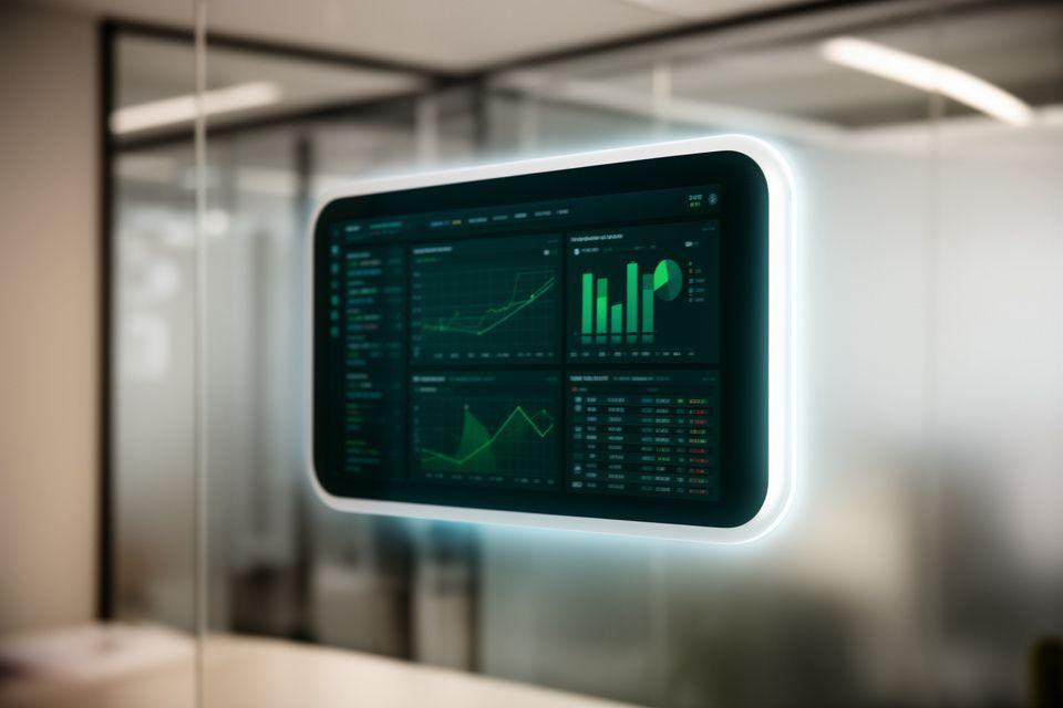 Tableau de bord financier moderne affiché sur un écran dans un espace de travail vitré